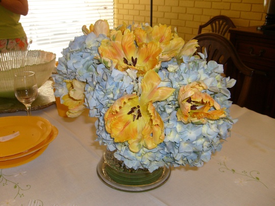 Baby shower centerpiece - hydrangeas and tulips.